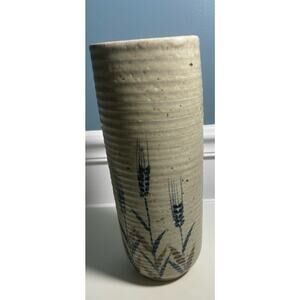 Vintage  Tan Speckled Mid Century Hand Made Pottery Vase  with wheat flowers